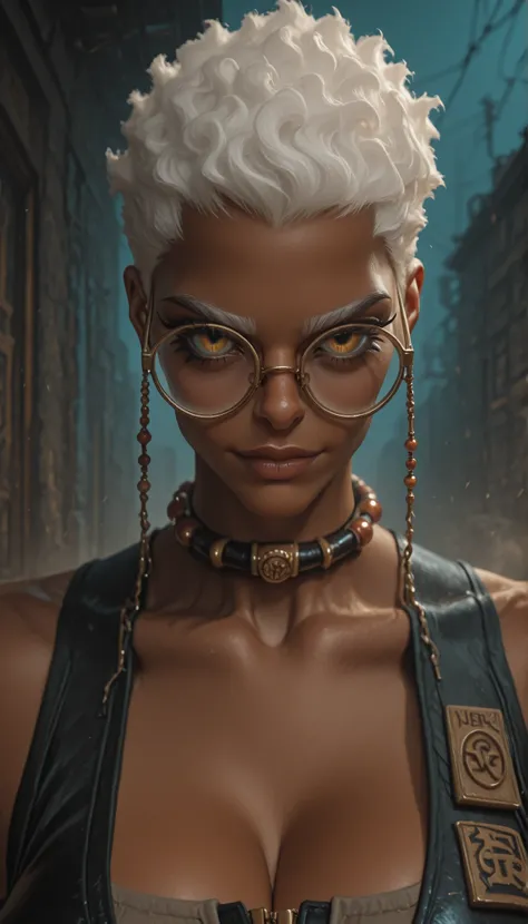 1woman, solo, lazypos, round glasses,Her glasses are connected by a beaded chain to her collar, manga-style, dark-skinned, Semiu Grier,fierce gaze, huge breasts, tight outfit emphasizing her athletic build, dark skin, light smile, white curls tousled by wi...