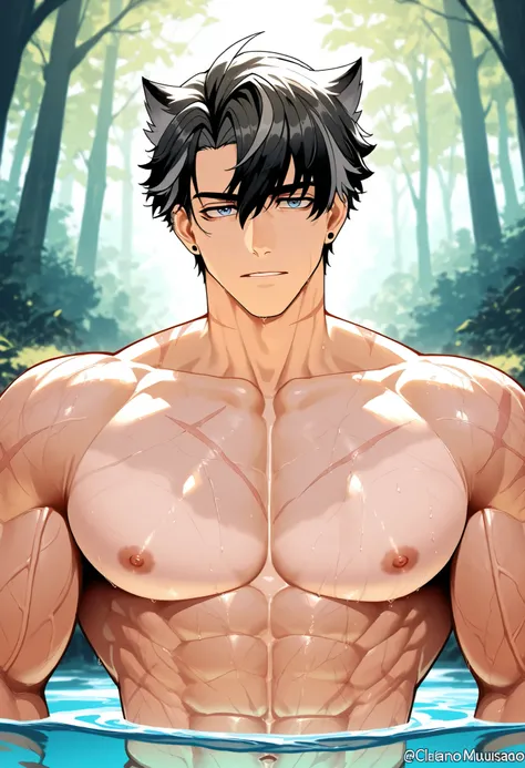 (humano) um homem Wriothesley, bathing alone in a river in a forest, clear water, hands supported on the, sitting with only the upper body exposed, anatomia correta, perfect skin details, lower body visible underwater, visible muscles and veins, mega-detai...