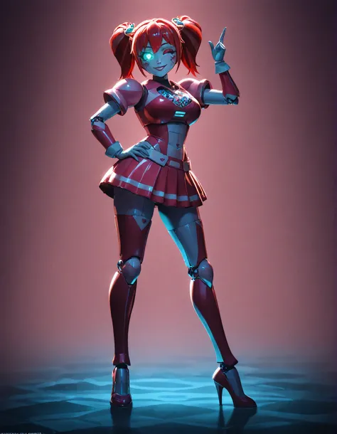 Score_Anime, Detailed eyes, -manip, -caption, 1 girl, solo, hypnotic eyes, heart_eyes, eye_contact, looking_at_viewer , glowing eyes, eyes_focus, highly detailed, lighting and shadowing, high res, android, large breasts, kandyl, red hair, Skirt, thumb up, ...