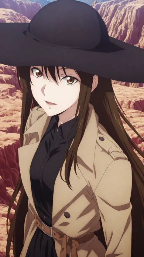 kazuki,ishura
High quality , best quality , masterpiece, High Resolution ,,anatomically correct,,anime Coloring
solo, 1 girl, Beautiful women, adult women, cool women,
, very long hair, brown hair, brown eyes,, black Wide brim hat , hair between eyes ,sm...