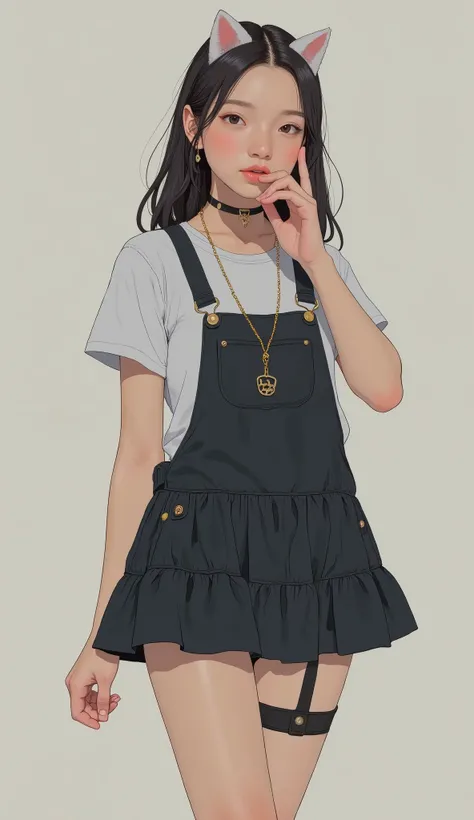 特徴的な服を着ている, 衣装やユニフォームを思わせる高度に様式化された衣装. このアンサンブルは落ち着いたブルーの色調の構造的なジャケットと対照的な光沢, ダークティールのストラップとアクセント, 未来的またはミリタリーな美的感覚を与えている. ジャケットは光を捉えるメタリックなボタンで飾られている, 精巧なディテールを引き立てている. ジャケットの下, 鮮やかな赤いブラウスに大きなリボンが付いており大胆なコントラストを加えている, 印象的な視覚的な焦点となっている. 袖には同じティールのバンドが付いており...