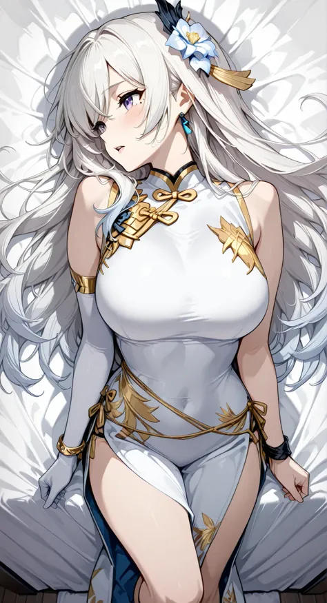 mole under eye、Armlet for left arm、bracelet for right wrist、sleeveless china ,anime girl Picture of a woman with long white hair and a flower in her hair, gray hairの deity, Anime Goddess, gray hairの, gray hairの lady, gray hair, Zodiac knight portrait girl ...