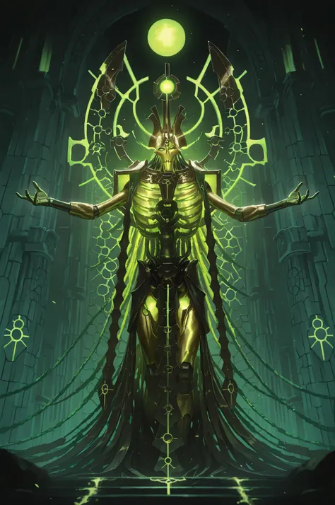 
masterpiece, best quality, amazing quality, very aesthetic, high resolution, newest, hyper-detailed, (long shot),solo , 1 men ((Necron)), ((high Detailed Necron-Lord), One eyed gleam in green light, golden body, fantasy theme, front to the viewer, fan art...