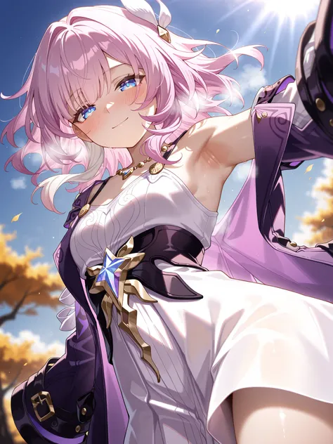 Cyrene (Honkai Star Rail), medium hair, feather hair ornament, purple coat, white dress, necklace, masterpiece, best quality, amazing quality, soft light, solo, 1girl, steam, blurry background, blush, foreshortening, looking at viewer, (((armpit shot, floa...