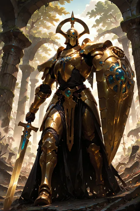 (masterpiece, best quality:1.2), highly detailed, fantasy theme, solo, 1 golem , golden armor, bearer heavy shield and long sword  a  ruins on background, fan art, 