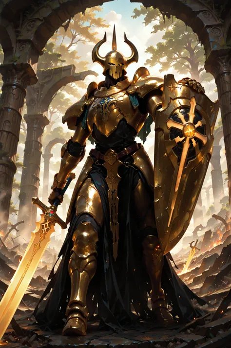 (masterpiece, best quality:1.2), highly detailed, fantasy theme, solo, 1 golem , golden armor, bearer heavy shield and long sword  a  ruins on background, fan art, 