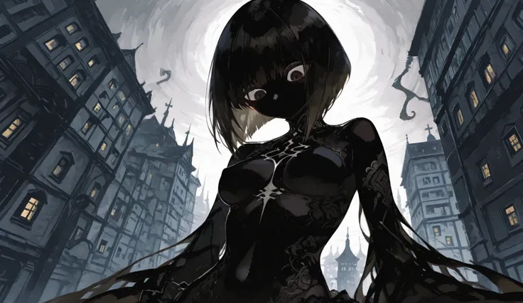 nsfw,(Big Eyes, huge Strange Creature girl, black short bob, look down, Bigger than a building), The Phantom of the Grand Guignol, BREAK, background\Shadow Town:1.2