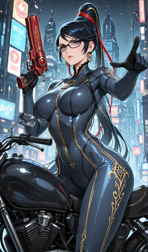 Bayonetta from video game (masterpiece, best quality:1.2), a girl, blue eyes, pointing a gun to viewer, Solo, wear a darkblue fittingbody suit , medbreast, rides a motorcycle through a rainy cyberpunk city