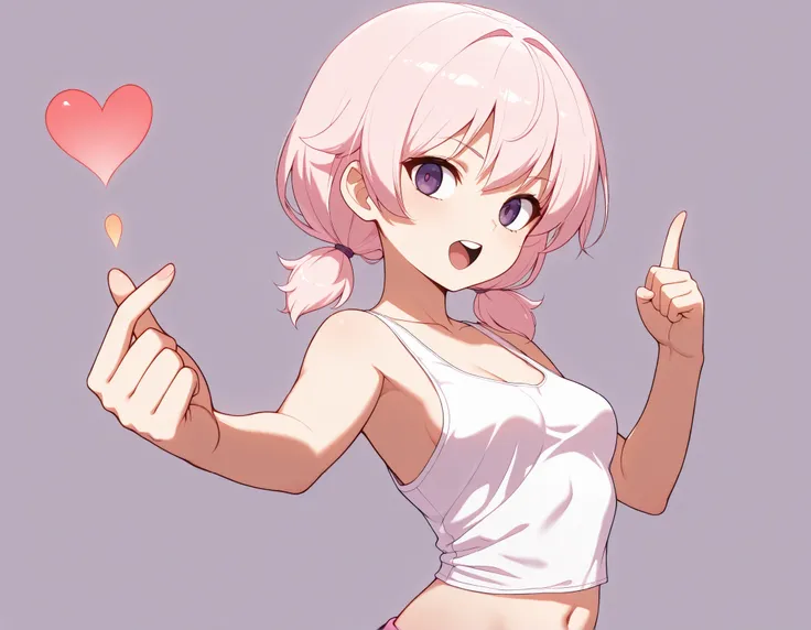 masterpiece,best quality, masterpiece,masterpiece,best quality,ultra detailed, (The crossed thumb and index finger resemble a heart), Dynamic pose, navel, Front teeth, (Small breasts), White tank top, sheer clothing, belly button,  ((Detailed dark purple e...