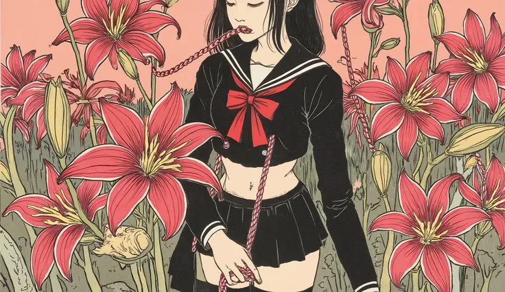 nsfw,nipple cutout,1 girl,beautiful face,turime,black hair,long straight hair ,Bob,hime cut, long hair,((wearing Japanese school black sailor uniform with mini black skirt, red ribbon,long  sleeve,navel)), (rope gagged mouth:1.3),horror,creepy,erotic,Nihon...