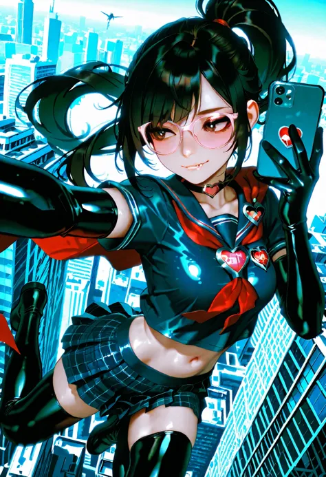 score_9, score_8_up, score_7_up, ((1girl, solo)), ((superhero takes selfie)), (young model, youthful), (((flying, above city))), skyscraper, reflection, reflective windows, (Japanese girl), resolution (4k, 8K), red cape, red clothes, blue clothes, gold tri...