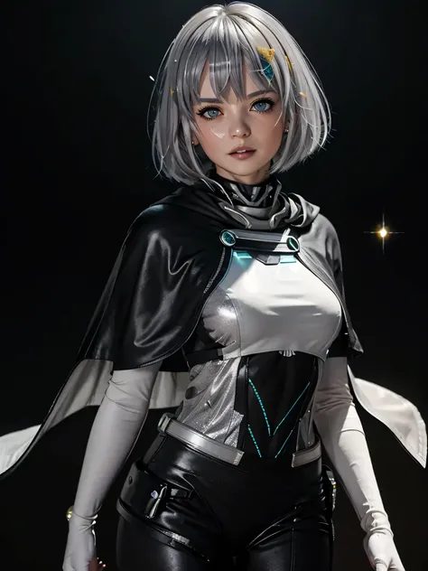 1girl, glowing silver glitter, (((glitter on cheeks))), white hair, white bob, blunt bangs, (grey eyes), bored eyes, flat expression, cybernetic hair clips, (black bodysuit), (((black sci-fi capelet))), slender body, flat chest, shock gloves, belts, greens...