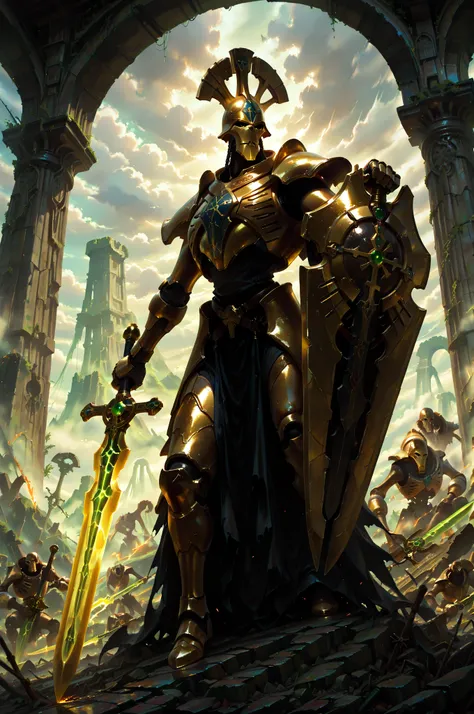 (masterpiece, best quality:1.2), highly detailed, fantasy theme, solo, 1 golem , golden armor, bearer heavy shield and long sword  a  ruins on background, fan art, 