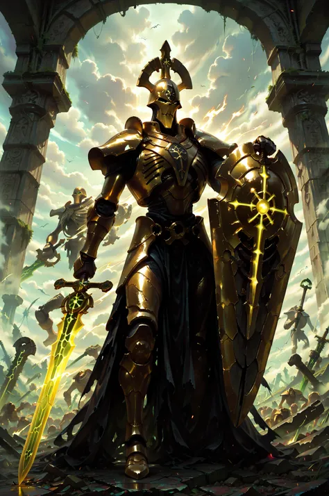 (masterpiece, best quality:1.2), highly detailed, fantasy theme, solo, 1 golem , golden armor, bearer heavy shield and long sword  a  ruins on background, fan art, 
