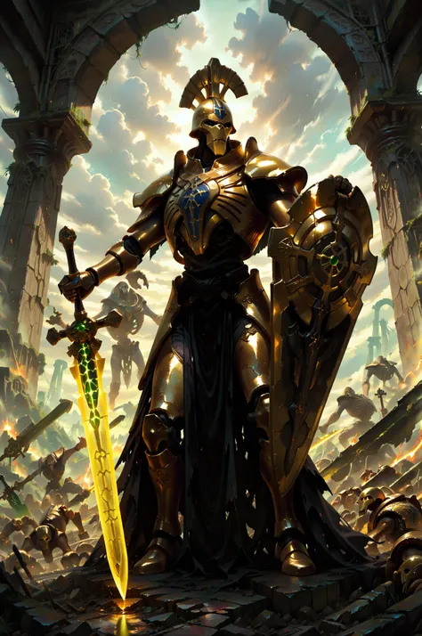 (masterpiece, best quality:1.2), highly detailed, fantasy theme, solo, 1 golem , golden armor, bearer heavy shield and long sword  a  ruins on background, fan art, 