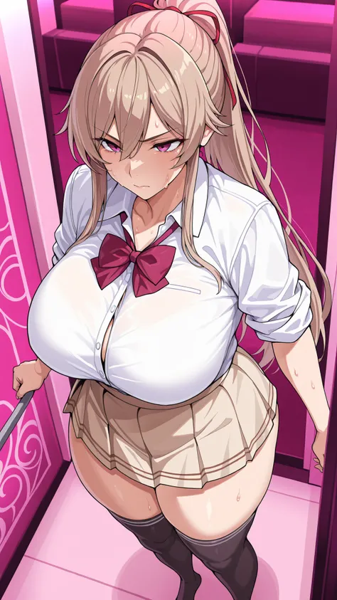 pink hotel,Julen E. Lustario,Boyish Female,serious face,ponytail,high school girl uniform,Beige Skirt,Patterned skirt,black thigh high socks,white shirt with rolled up sleeves,chest,sweat,Standing,thick thighs,feetを組む,from above,feet,feet裏