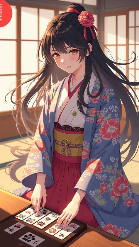 highdefinition image、A beautiful image of a girl wearing a haori hakama competing in a karuta tournament