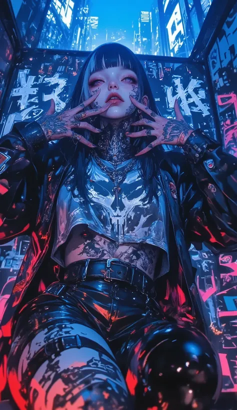 (high quality CT, 4k, high resolution, masterpiece, best quality, highly detailed, photorealistic, low lighting, two-color neon lighting, HD skin:1.2, night neon ambient lighting, DSLR quality), lying pose, tired skinny girl from the emo/gothic subculture,...