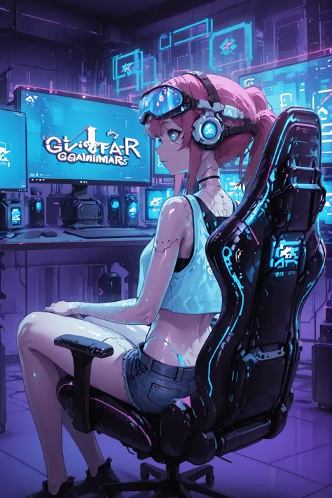 masterpiece,Highest Quality,Sアップer Detailed,high resolution,official illustration,slender,Fair skin,My skin is white,high quality、wearing the latest VR goggles,  Cyberpunk Interior, glowing gaming environment, neon color lighting effects, fitted tank top, ...