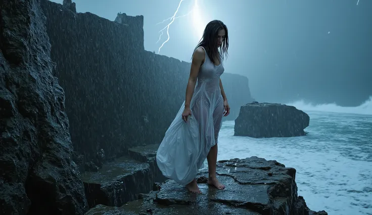 A dramatic photograph captures an impressive woman standing, barefoot, on the precipice of a rain-drenched cliff A violent storm. Ela veste um fluido, in a translucent white dress that clings to it has its shape and dramatic ripples in the wind, revealing ...