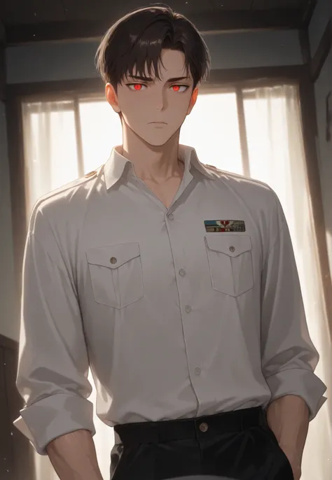 masterpiece, good resolution, good quality, newest. good anatomy, good lighting, safe. Adult Male, I bet, anime. Dark brown hair, short hair, military hairstyle.  DEEP RED EYES . slight wrinkles, piel clara, slim build,  muscular figure . He Is 58 Years Ol...