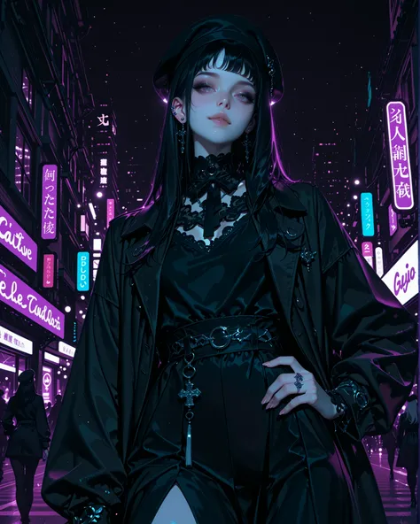 ((Low angle)) High-fashion gothic top model photoshoot. A pale-skinned woman with shoulder-length straight black hair and short bangs, wearing a stylish black wool coat with dramatic tailoring, a matching black beret tilted slightly to the side, and elegan...
