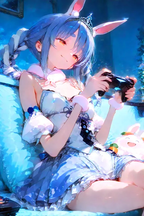 1 girl, Usada pekora\(hololive\), bunny ears, dress, wearing a tiara, sitting, smile, mouth open, Holding a game controller and playing a game, A fancy and fairytale blue room,
8k, UHD, masterpiece, best quality, ultra detailed,