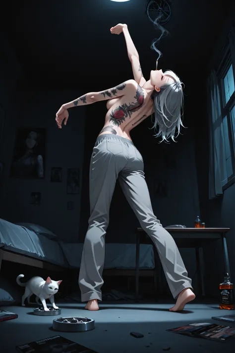 semi-realistic,alta calidad,A room on the 2nd floor of an apartment where the morning sun comes in,(dark room:1.4),(illuminate from the background:1.3),ruined apartment,(A simply furnished room,underwear, clothes and magazines scattered on the floor),Singl...