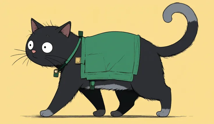black cat that walks on two legs larger than humans \ girl, wear a green apron , gray fur from nose to belly , Grey Mouth , 魂魄妖夢, with droopy ears , Outward-facing ears , Poor eyesight , attractive face , :3