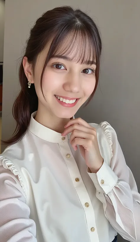 (masterpiece, best quality:1.2), 1girl, soloNeat Young Woman、looking at the camera、office lady suit、jacket、shirt、necklace、Ear piercings、茶髪、、smile showing teeth、 、The background is office
