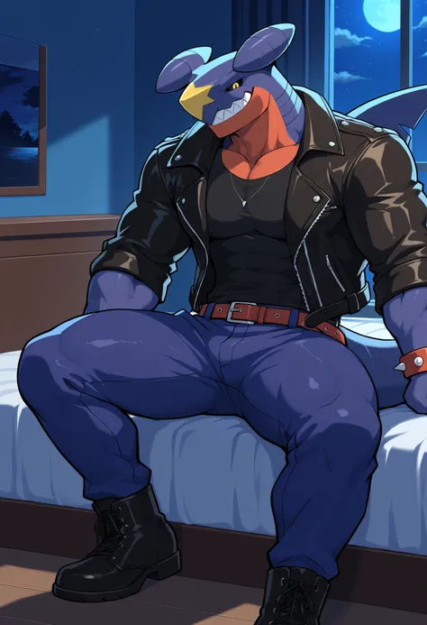 score_9, score_8_up, score_7_up, score_6_up, score_5_up, score_4_up, high quality, detailed, Bass, Garchomp, pokemon (creature), anthro, 1boy, solo, male, black sclera, yellow eyes, muscular, leather jacket, shirt, spiked bracelet, pants, belt, footwear, b...