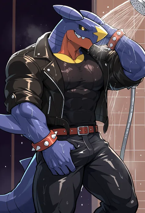 score_9, score_8_up, score_7_up, score_6_up, score_5_up, score_4_up, high quality, detailed, Bass, Garchomp, pokemon (creature), anthro, 1boy, solo, male, black sclera, yellow eyes, muscular, leather jacket, shirt, spiked bracelet, pants, belt, footwear, w...