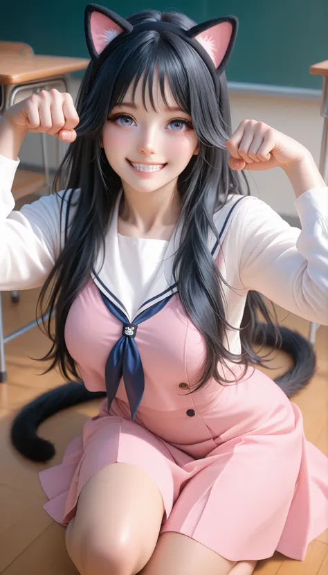 waguri kaoruko, cat ear hairband, black hairband, school uniform, pink dress, white sailor collar, white shirt, serafuku, petite anime girl, black hair, long hair, wearing a refined, medium breasts, wide curvy hips, doing cat paw pose, rawr pose, 1girl, so...