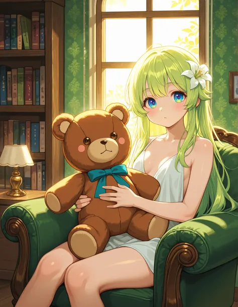 ,, A soft, natural light portrait photograph of Lily, a young girl with rosy cheeks and bright, curious eyes, holding a well-loved teddy bear. She sits comfortably in a vintage armchair, a gentle smile gracing her lips as she gazes directly towards the vie...