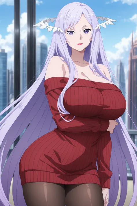newest , masterpiece , anime screencap , anime coloring , quinella, 1girl, Mature Female, long hair, light purple hair, purple eyes, huge breast, huge butt, ((off shoulder , off-shoulder dress , off-shoulder sweater , pantyhose , red sweater , sweater , s...