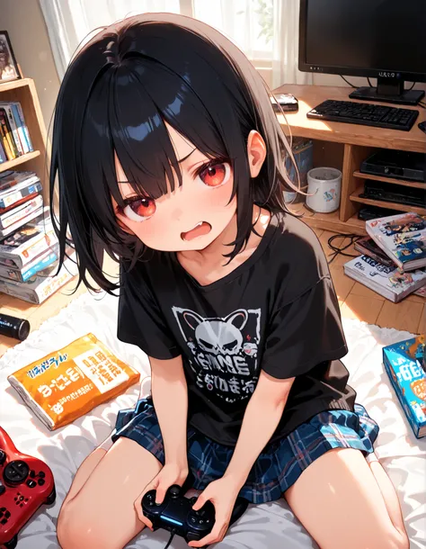 masterpiece, best quality, very aesthetic, 1girl,, adolescent, teen, game controller, (angry:0.6), casual clothes, skirt, messy room,