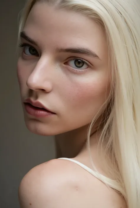 A light-complexioned girl is positioned sideways to the viewer, highlighting the delicate contours of her skin. very detailed skin texture with vellus hair and small freckles. She looks at the viewer with a piercing gaze and a sensual expression on her fac...