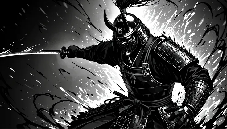 Sumi-e style monochrome illustration of a lone samurai wearing stylish, ornate Japanese armor, captured in an extreme close-up dynamic shot while raising a katana in a powerful strike, bold expressive ink brush strokes, high contrast black and white tones,...