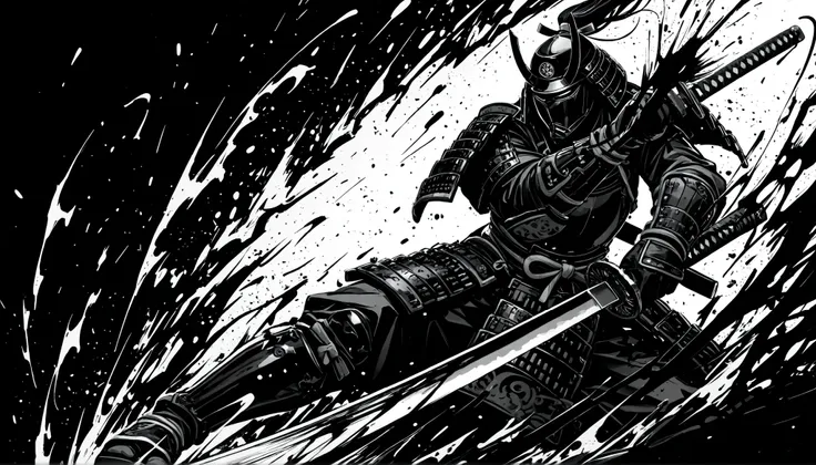 Sumi-e style monochrome illustration of a lone samurai wearing stylish, ornate Japanese armor, captured in an extreme close-up dynamic shot while raising a katana in a powerful strike, bold expressive ink brush strokes, high contrast black and white tones,...