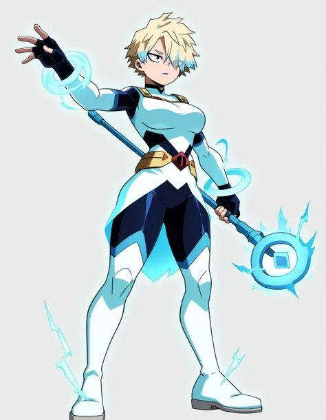 ((Highest Quality)), ((Simple Light Grey Background)), (My Hero Academia Style), standing, 1Girl, female, Breast, thighs, hips, thick shins, solo, Athletic body, (Superheroine), Magical Superheroine, Magical heroine, standing, Superheroine bodysuit, (Tacti...