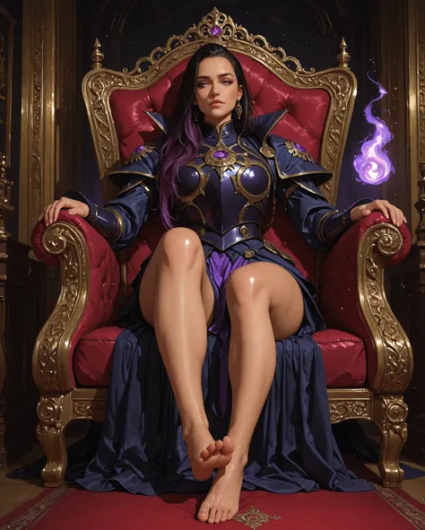 masterpiece, high quality, ultra-detailed, Reyna from Valorant, seated on ornate throne, bare feet resting on royal cushion, detailed foot anatomy, arched soles, relaxed toes, purple and gold color scheme, royal posture, empress aesthetic, dramatic low-ang...