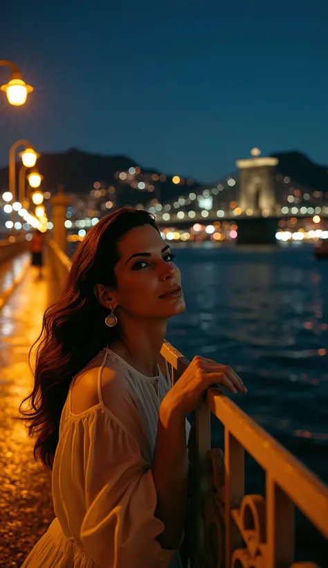 Sandra Bullock on a bridge over Rio at night focus on her face
. Fundo: old bridge illuminated by yellow light poles, river reflecting the city lights, barcos ao fundo, cinematic atmosphere, 8K.