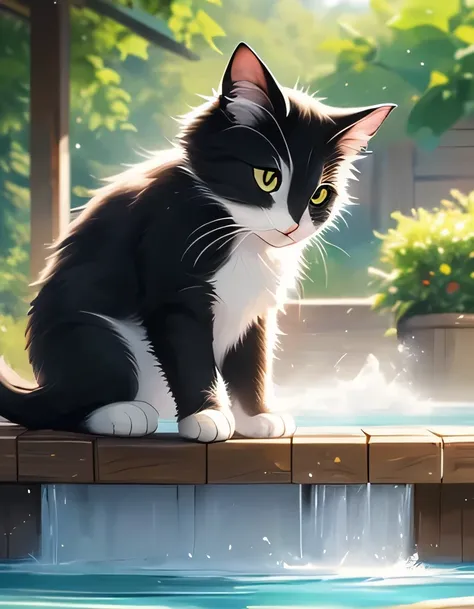 live-action、Picture、 Natural Hot Spring、A cat soaking in a hot spring、Black Cat、White cat、kitten