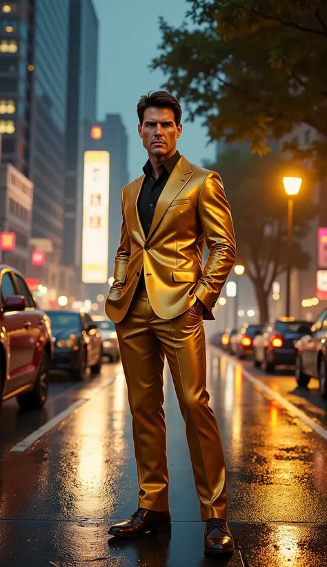 Tom Cruise in a gold suit in high cinematic quality in 8k Background: wet street at night with neon reflections, a tree and two people parked cars, illuminated mirrored buildings, particles in the air, cinematic style, ultra-realista, dramatic lighting, 8K...