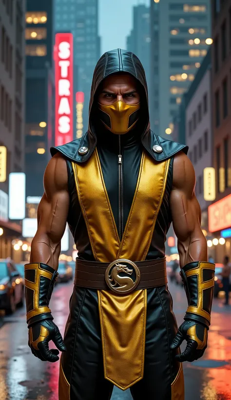 Tom Cruise as Scorpion from Mortal Kombat with his golden mask and golden suit cinematic in 8k Background: wet street at night with neon reflections, a tree and two people parked cars, illuminated mirrored buildings, particles in the air, cinematic style, ...