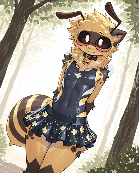Bee, (masterpiece, best quality:1.2)), Anthro, high quality, highres, absurdres, multi tone body, ((small 1 femboy))), (bee pattern on body), (big bell collar), not safe for work, (expressvie dynamic pose), poofy fur, musculer, fit, blushing, cute, sharp e...