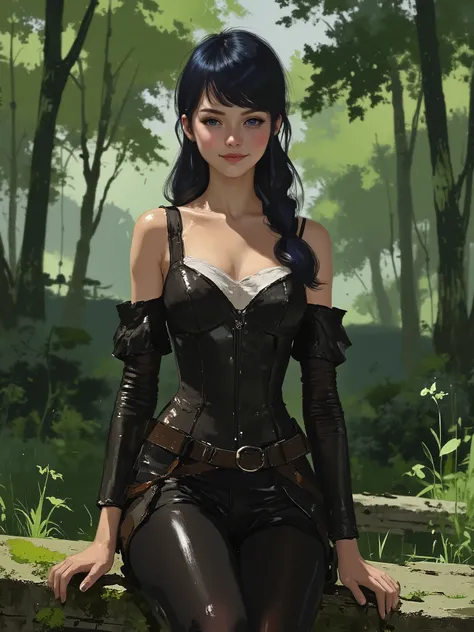 sketch painting, marinette Dopanchan, animexl, A very beautiful 22 year old woman with a slight smile, (((sky blue eyes:1.5))), (((thin lips))), light pink lips, (((long hair))), shiny hair, (((full body view))), standing on a moss-covered stone bench, (((...