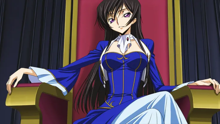 Lelouch (Code Geass), solo, Beautiful C-cup breasts, Long hair, Black hair, Purple eyes, Anime drawing style, confident bored face with a slight self-confident smirk, Dressed in a full-length formal aristocratic blue dress that is fully closed, with a whit...
