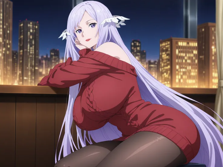 newest , masterpiece , anime screencap , anime coloring , quinella, 1girl, Mature Female, long hair, light purple hair, purple eyes, huge breast, huge butt, ((off shoulder , off-shoulder dress , off-shoulder sweater , pantyhose , red sweater , sweater , s...