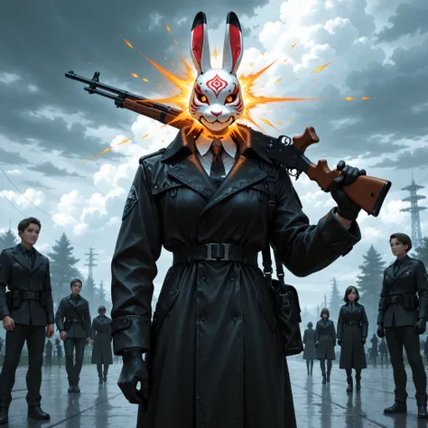 A striking figure stands against a backdrop of cloudy skies and distant trees, reminiscent of a fantastical or video game setting. The central focus is a person wearing a large, intricately designed rabbit mask, creating an aura of mystery and surrealism. ...